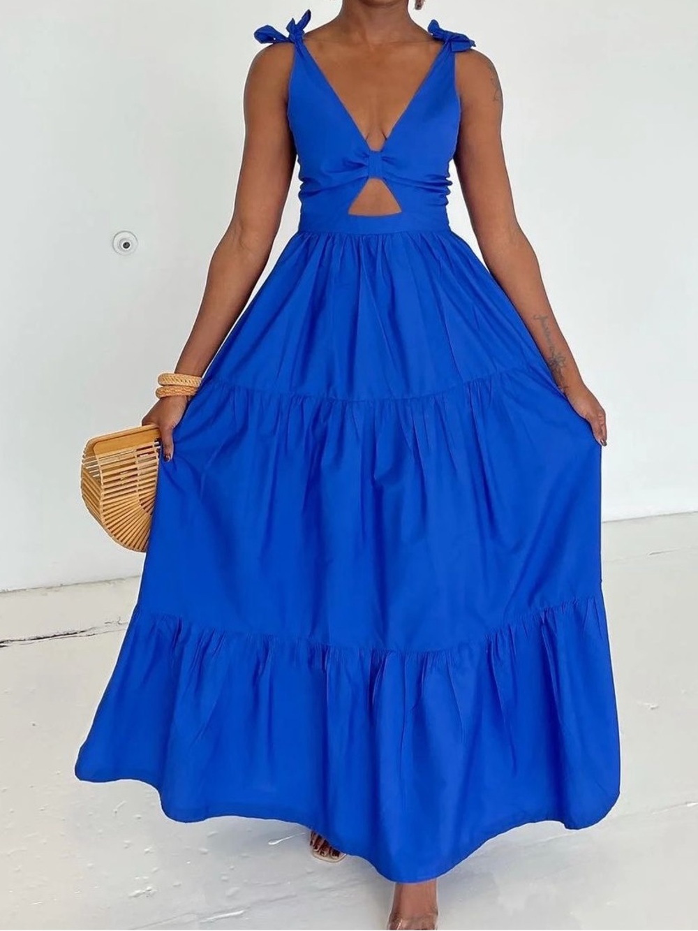Forever Amelia tiered Blue Tie-Shoulder Maxi Dress with Front keyhole Detail